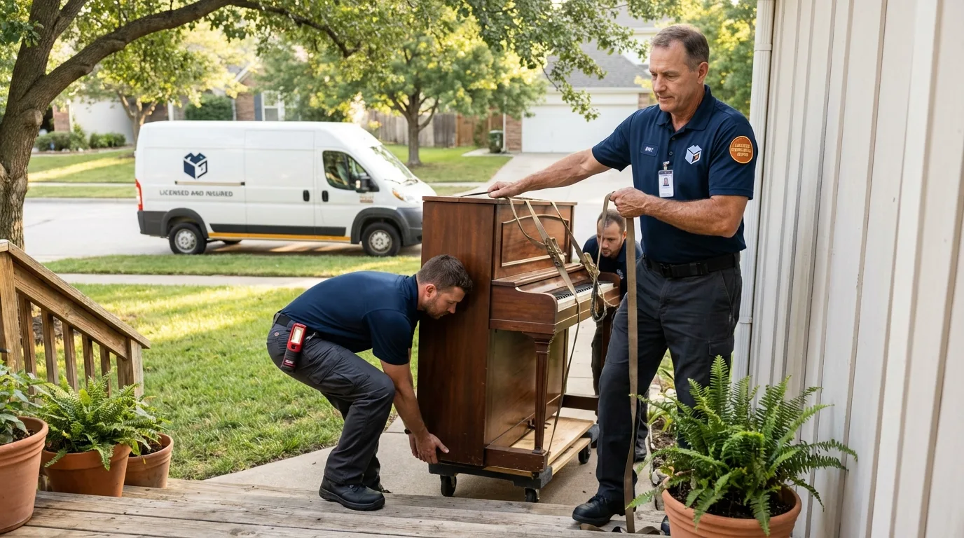 Licensed piano movers securing grand piano in Brightwaters, NY
