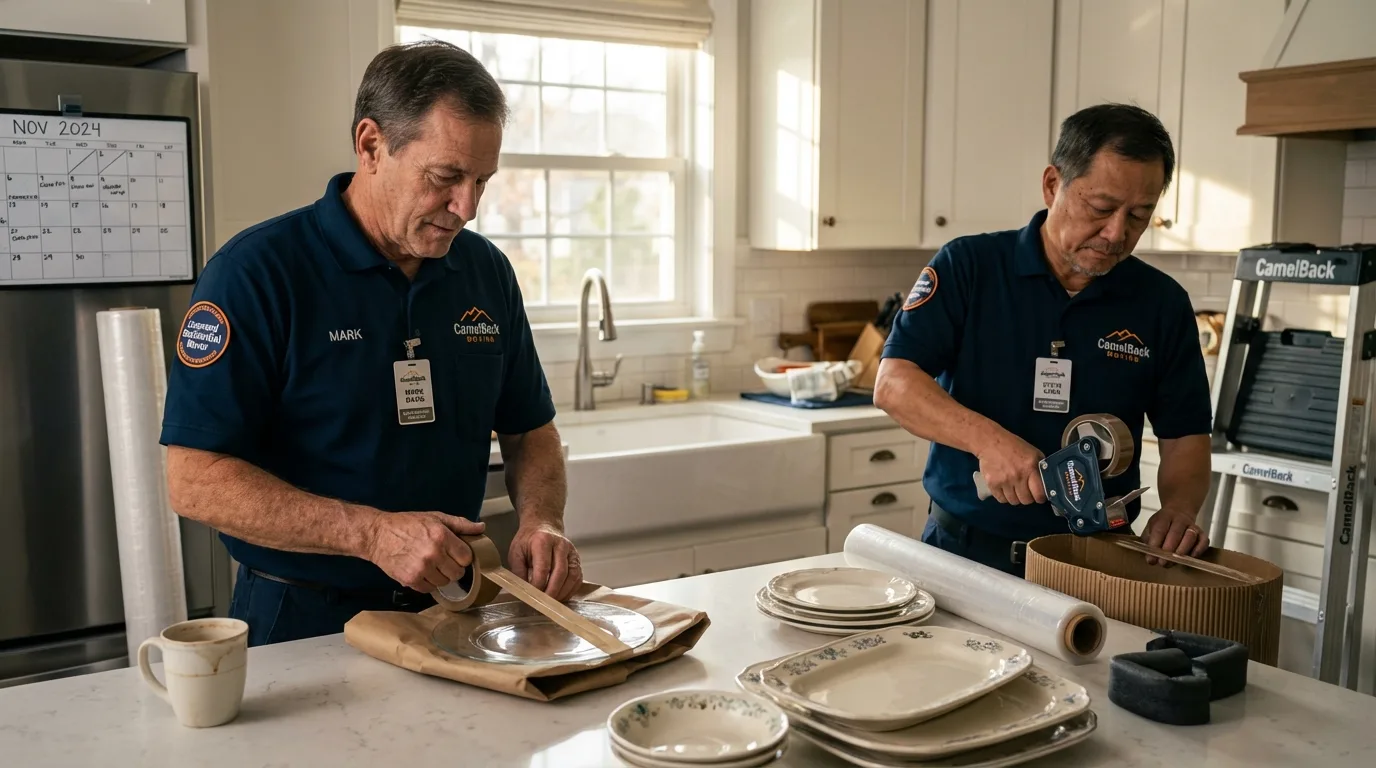 Professional crew packing kitchen dishware in Brightwaters, NY
